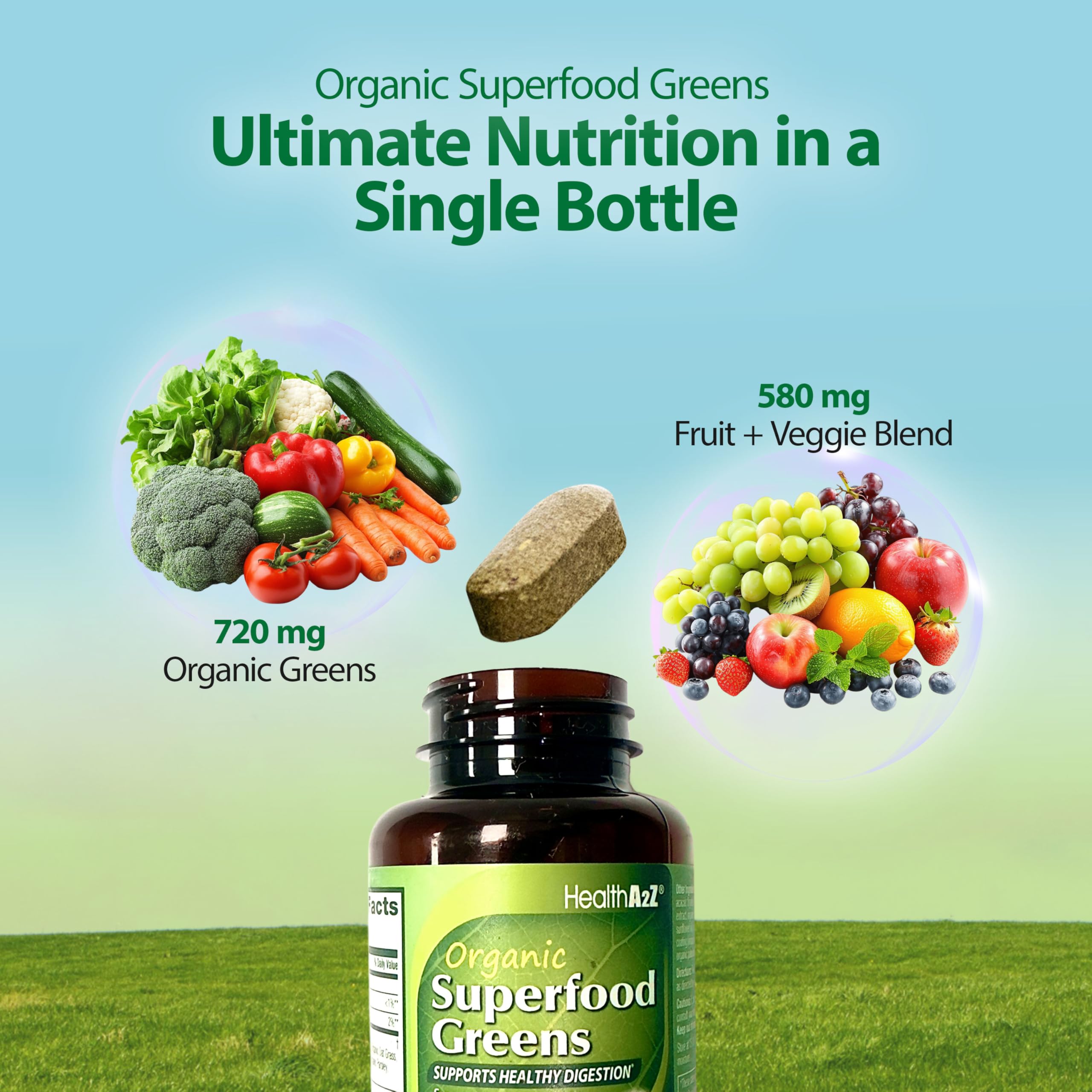 HealthA2Z Organic Superfood Greens easy-to-swallow tablets.