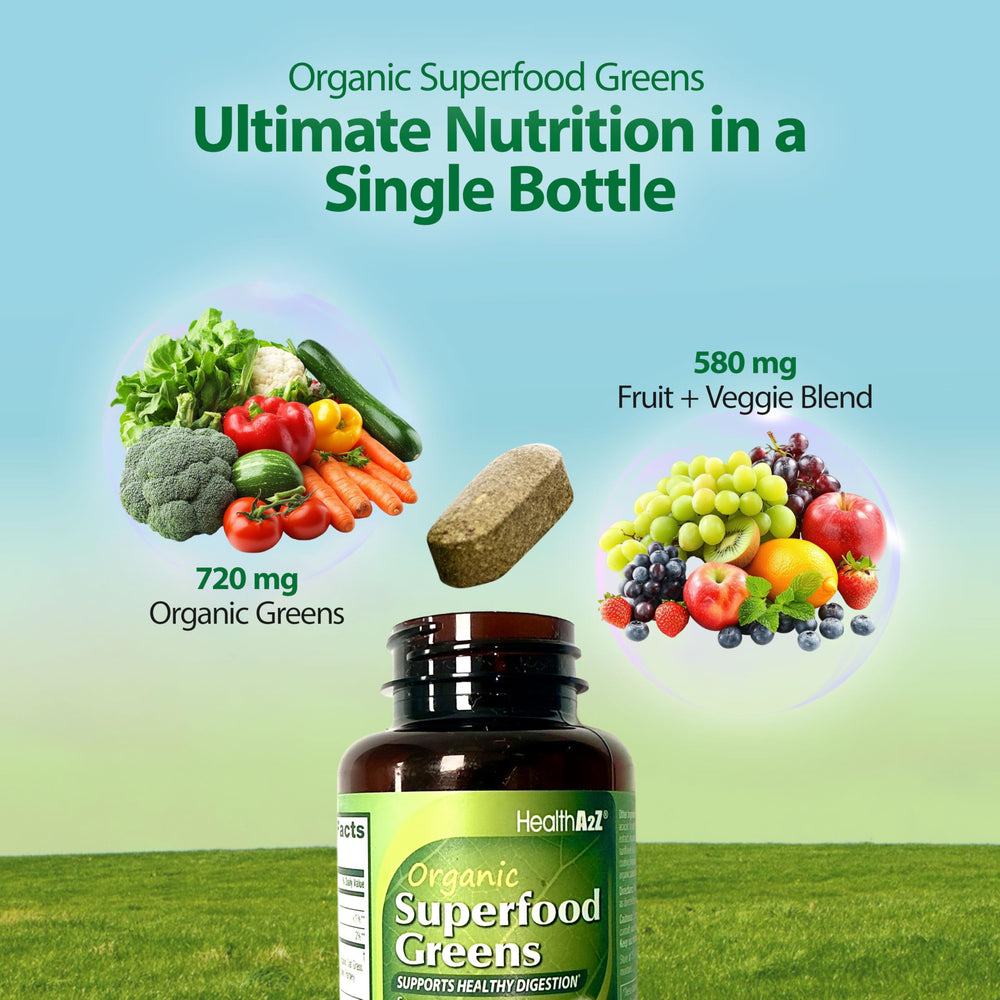 HealthA2Z Organic Superfood Greens easy-to-swallow tablets.