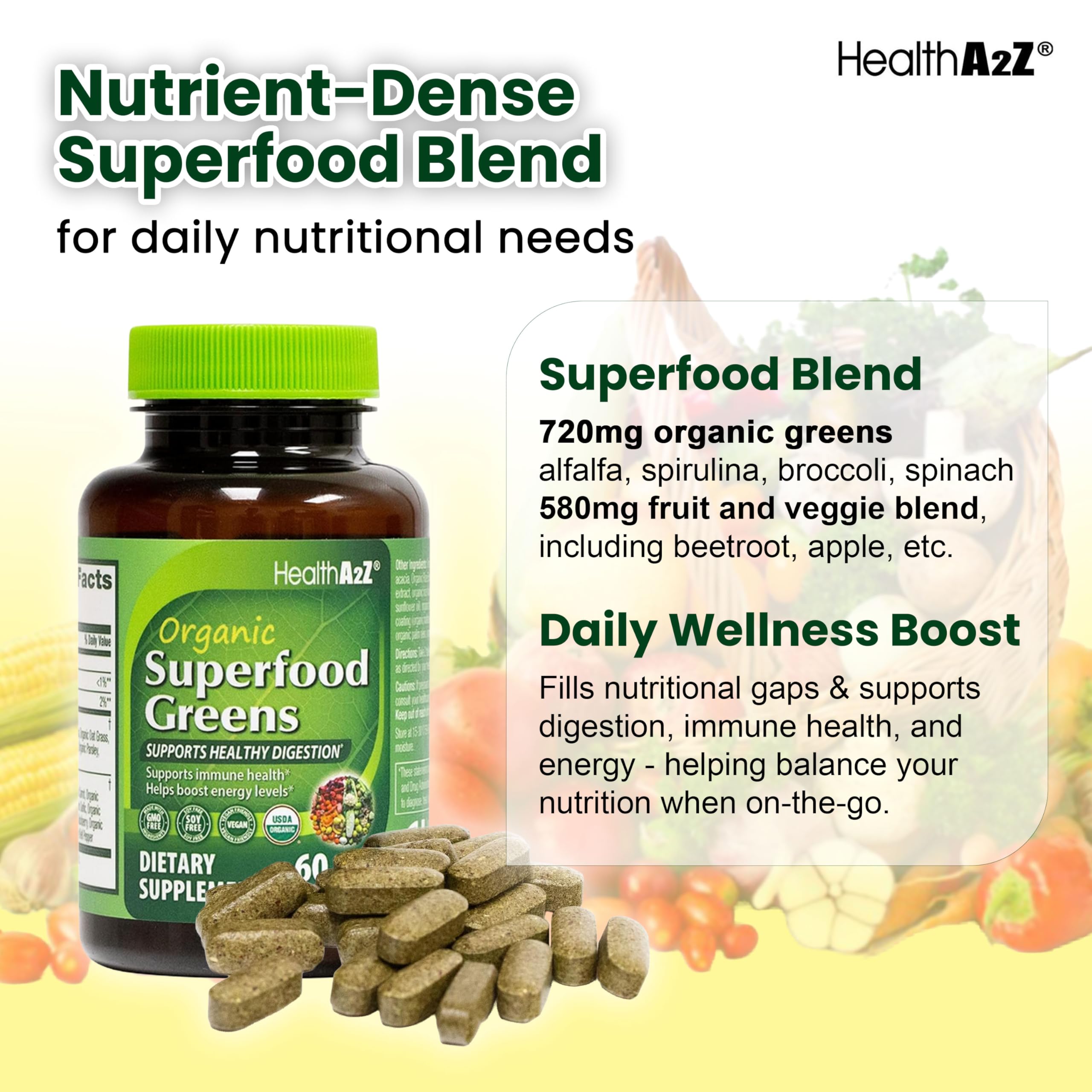 HealthA2Z Organic Superfood Greens energy and vitality focus.