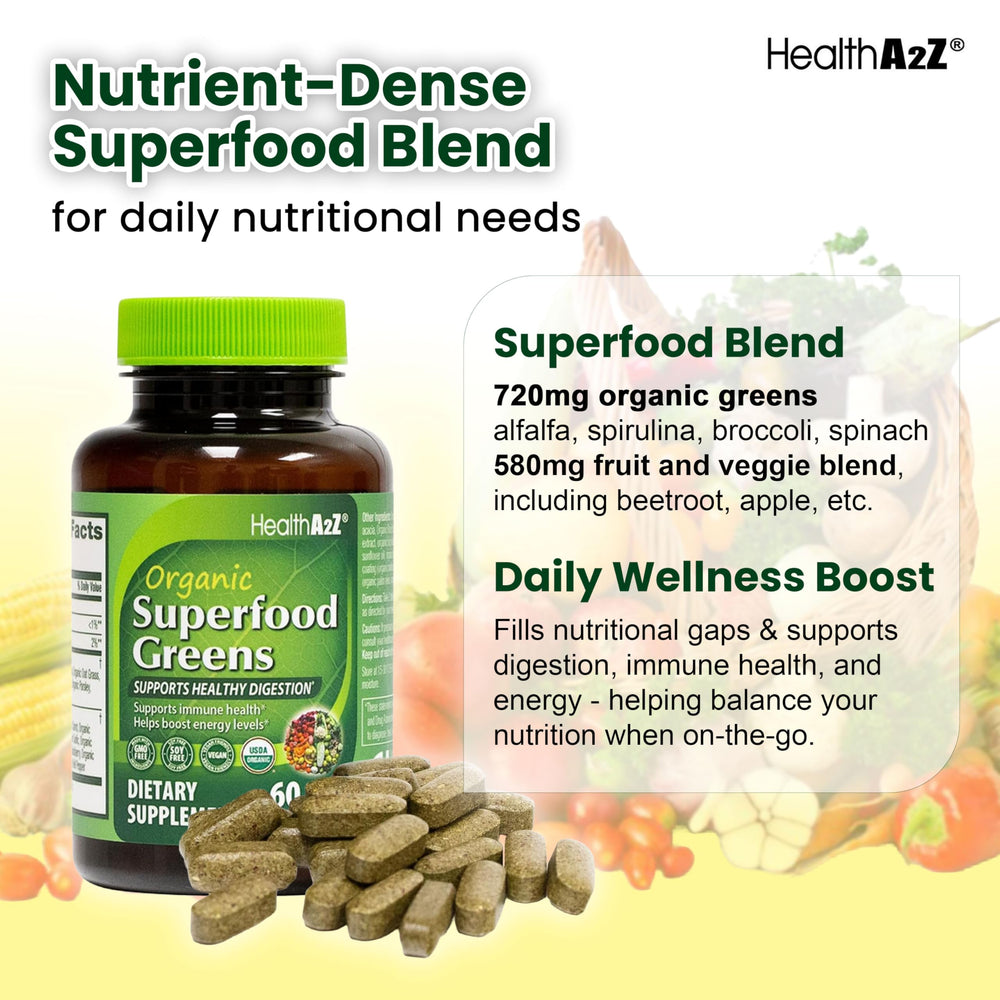HealthA2Z Organic Superfood Greens energy and vitality focus.