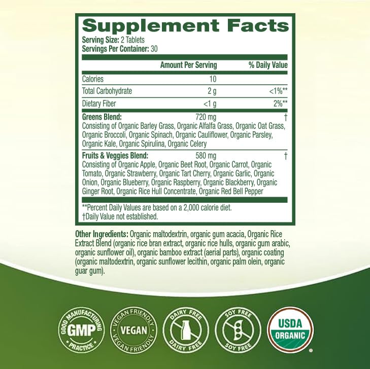 HealthA2Z Organic Superfood Greens tablets closeup for convenience.