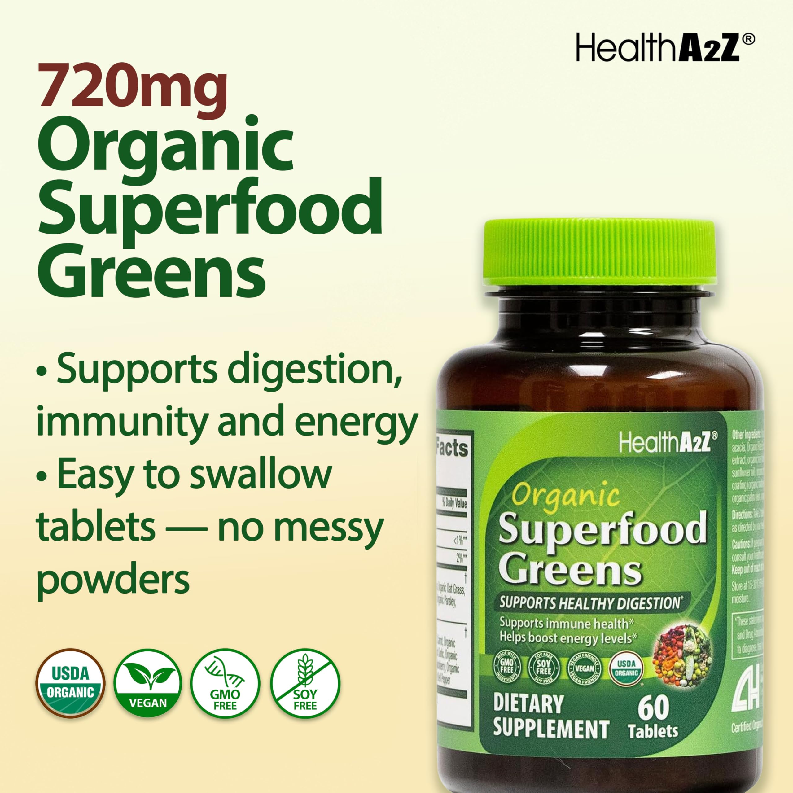 HealthA2Z Organic Superfood Greens US-made GMP badge.