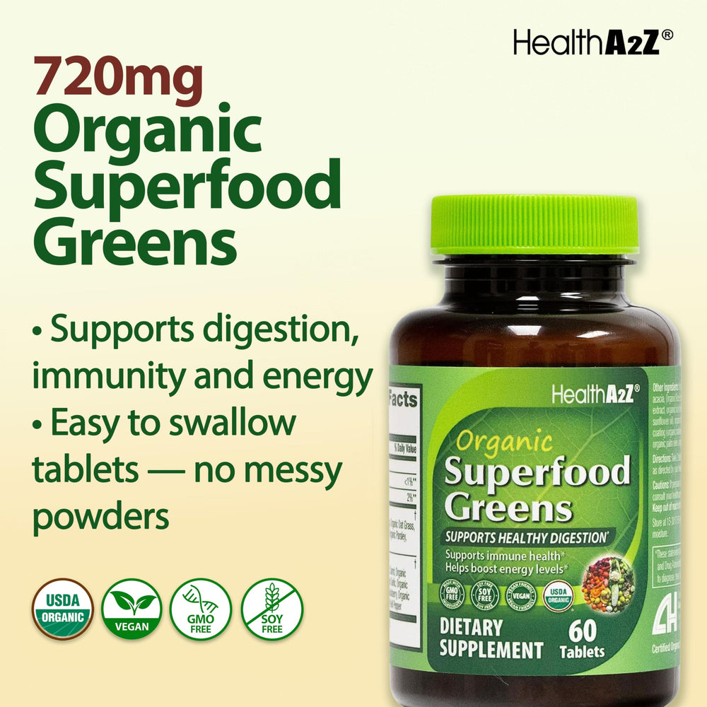HealthA2Z Organic Superfood Greens US-made GMP badge.
