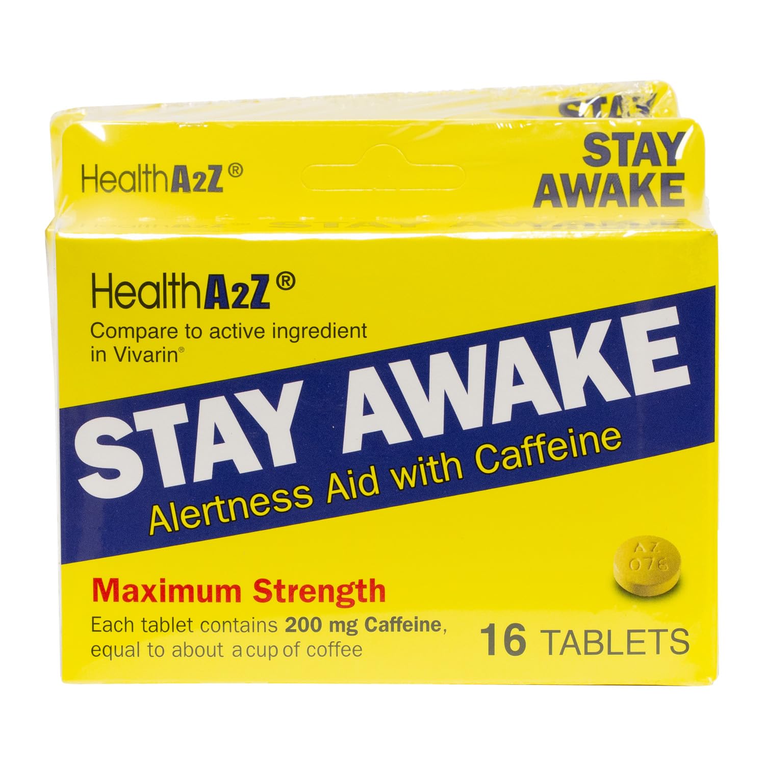 HealthA2Z Stay Awake bottle closeup showing 200 mg caffeine per tablet for alertness