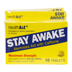 HealthA2Z Stay Awake bottle closeup showing 200 mg caffeine per tablet for alertness