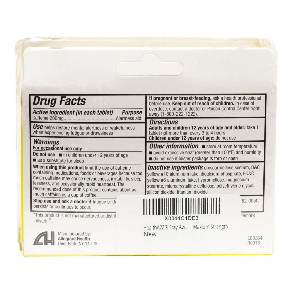 HealthA2Z Stay Awake tablet closeup emphasizes 200 mg caffeine.