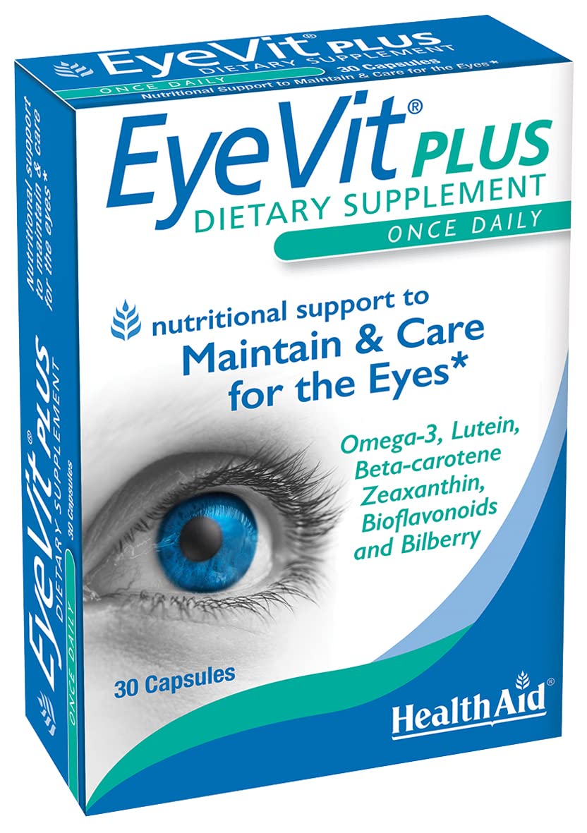 HealthAid EyeVit Plus bottle close-up for daily eye support and convenient nutrition
