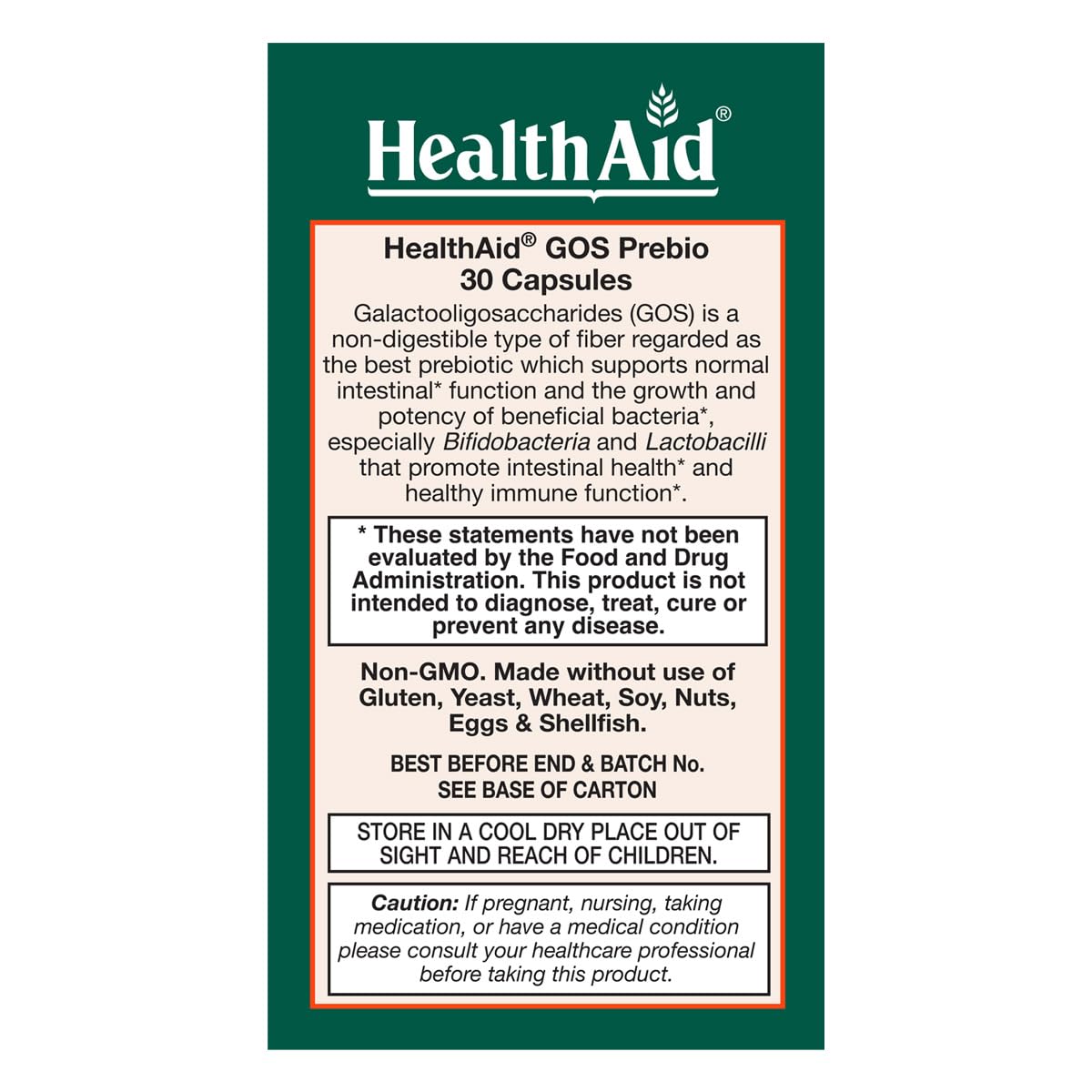 HealthAid GOSPrebio capsules close-up showing vegetarian capsules for daily use.