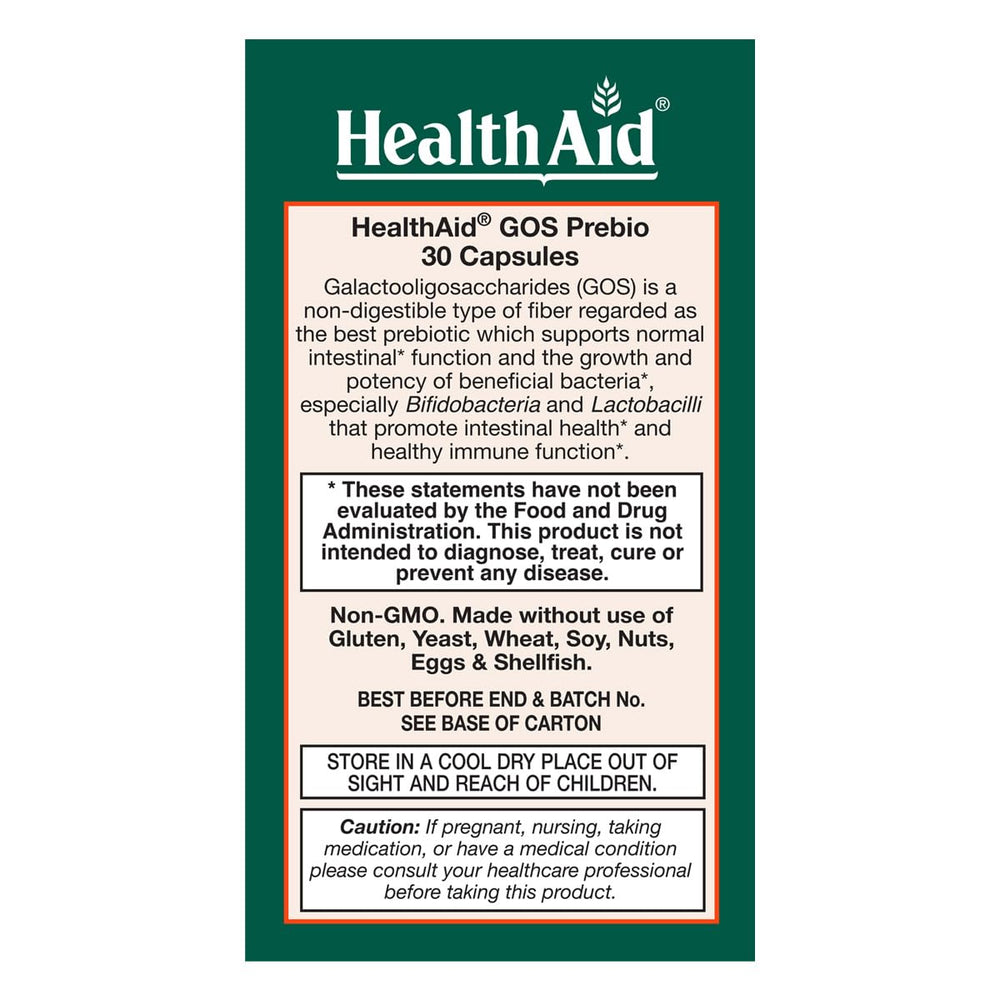 HealthAid GOSPrebio capsules close-up showing vegetarian capsules for daily use.
