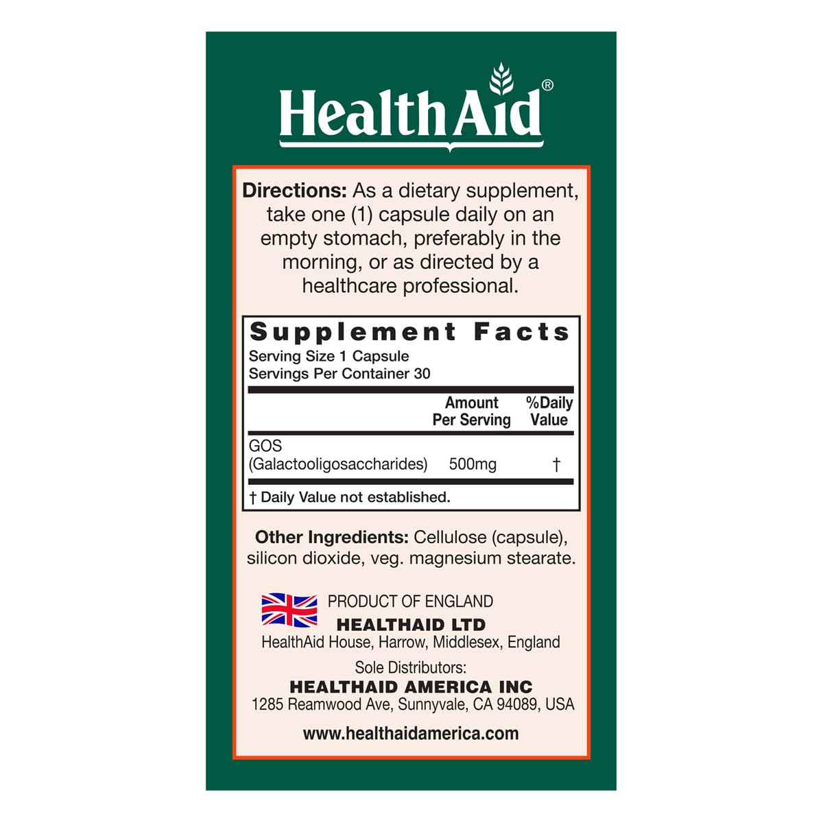 HealthAid GOSPrebio label side view with origin and non-GMO details.