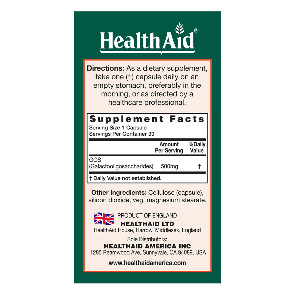 HealthAid GOSPrebio label side view with origin and non-GMO details.