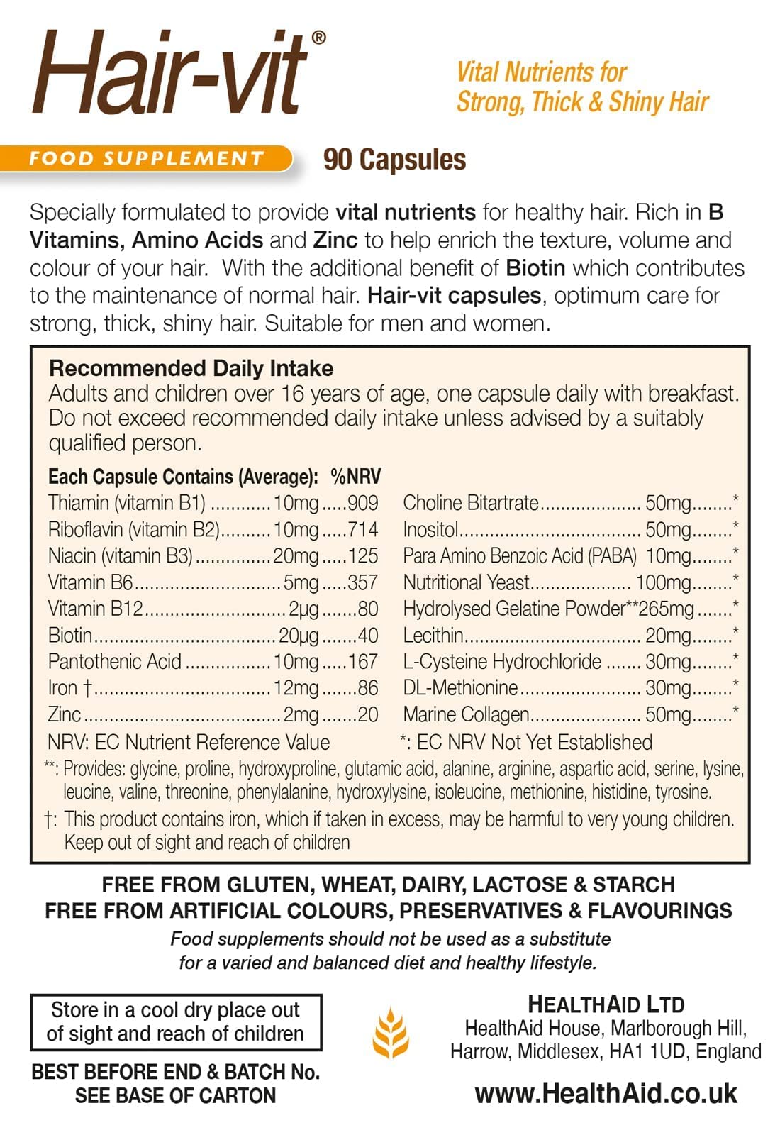 HealthAid Hair VIT ingredients graphic emphasizes amino acids and nutrients.