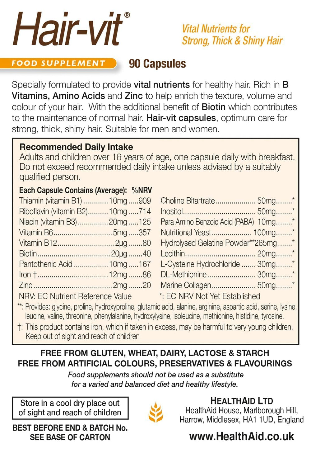 HealthAid Hair VIT ingredients graphic emphasizes amino acids and nutrients.