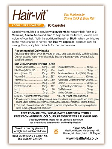HealthAid Hair VIT label detail highlights B vitamins and biotin.