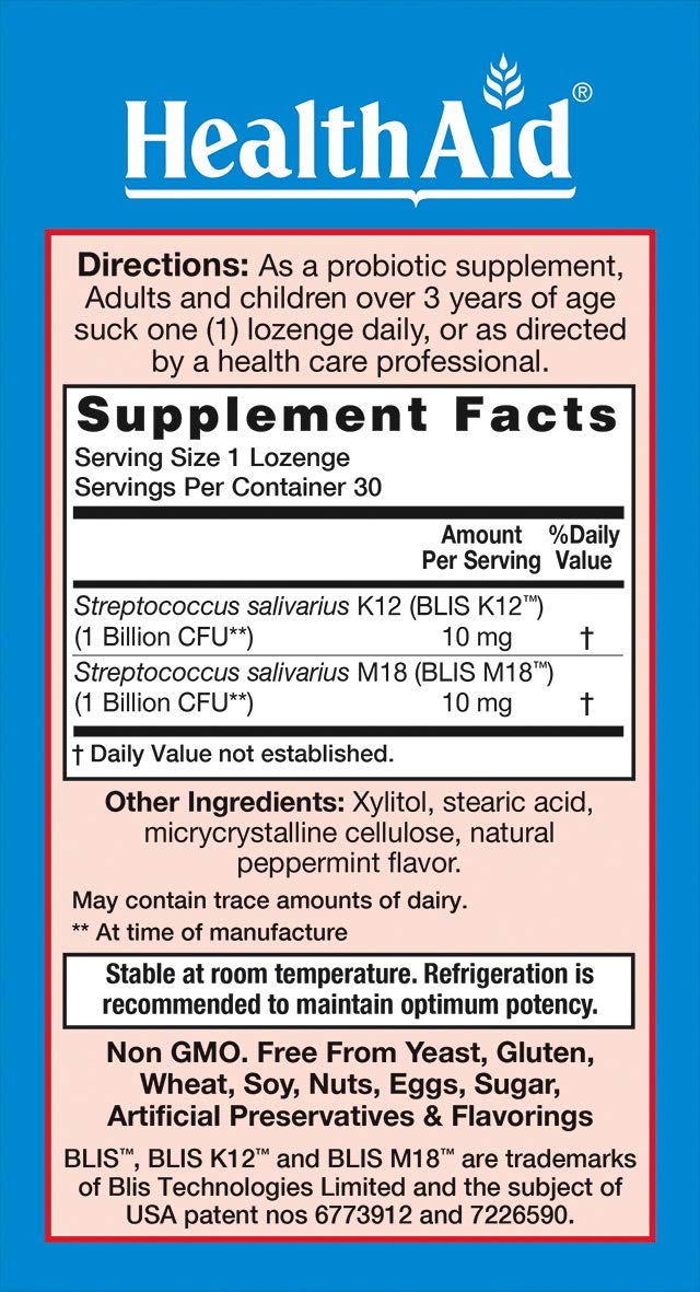 HealthAid OralProbio tablet close-up highlighting BLIS K12 and M18
