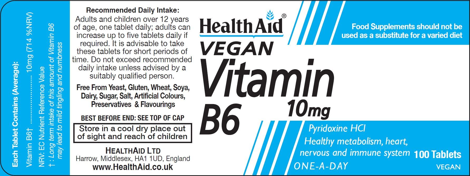 HealthAid Vitamin B6 10mg tablets close-up, convenient daily supplement for routine wellness