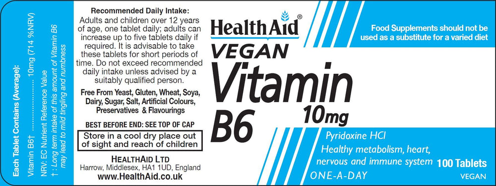 HealthAid Vitamin B6 10mg tablets close-up, convenient daily supplement for routine wellness