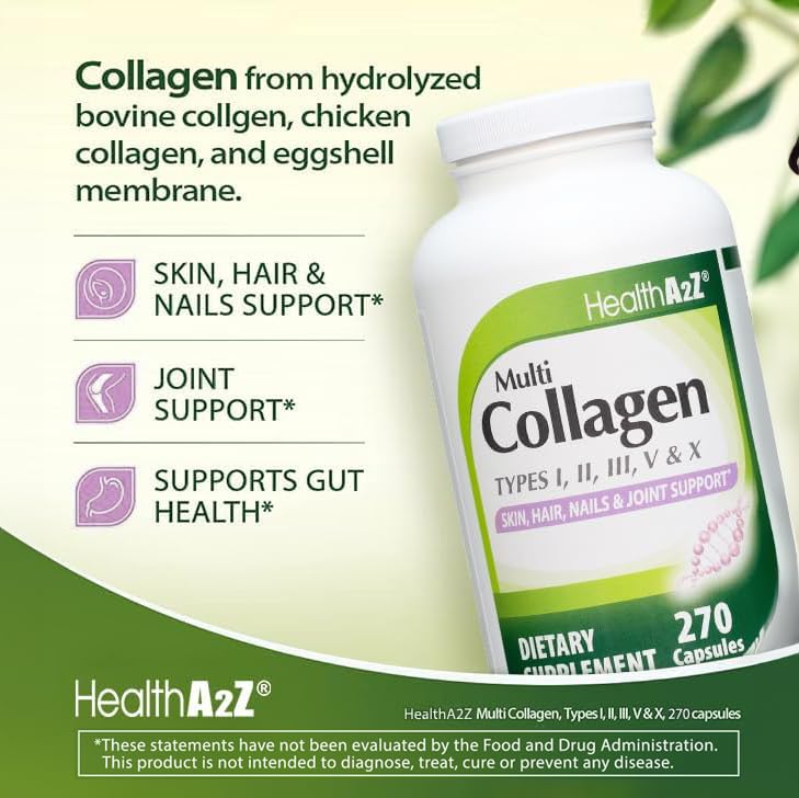 Close-up of HealthA2Z capsules emphasizing easy swallow and collagen types.