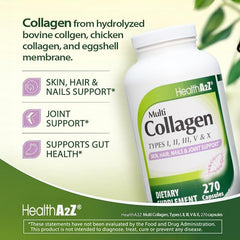 Close-up of HealthA2Z capsules emphasizing easy swallow and collagen types.
