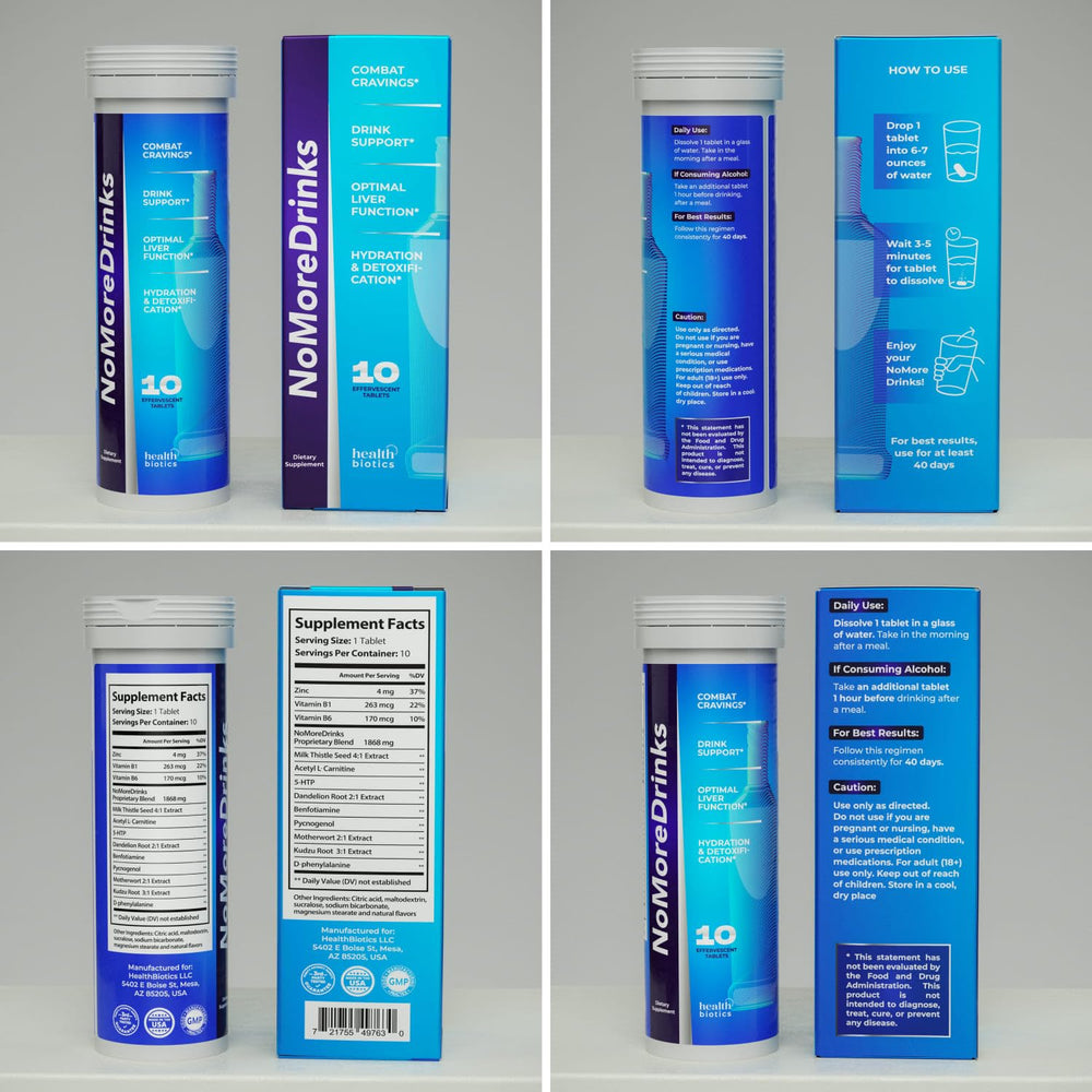 Healthbiotics NoMoreDrinks product image on cart-ready display to prompt purchase