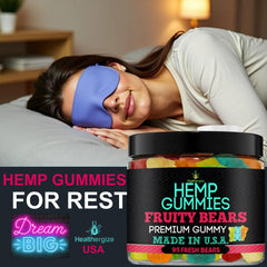 Healthergize Hemp Gummies Closeup Fruity Bears: easy chew with pleasant flavor.