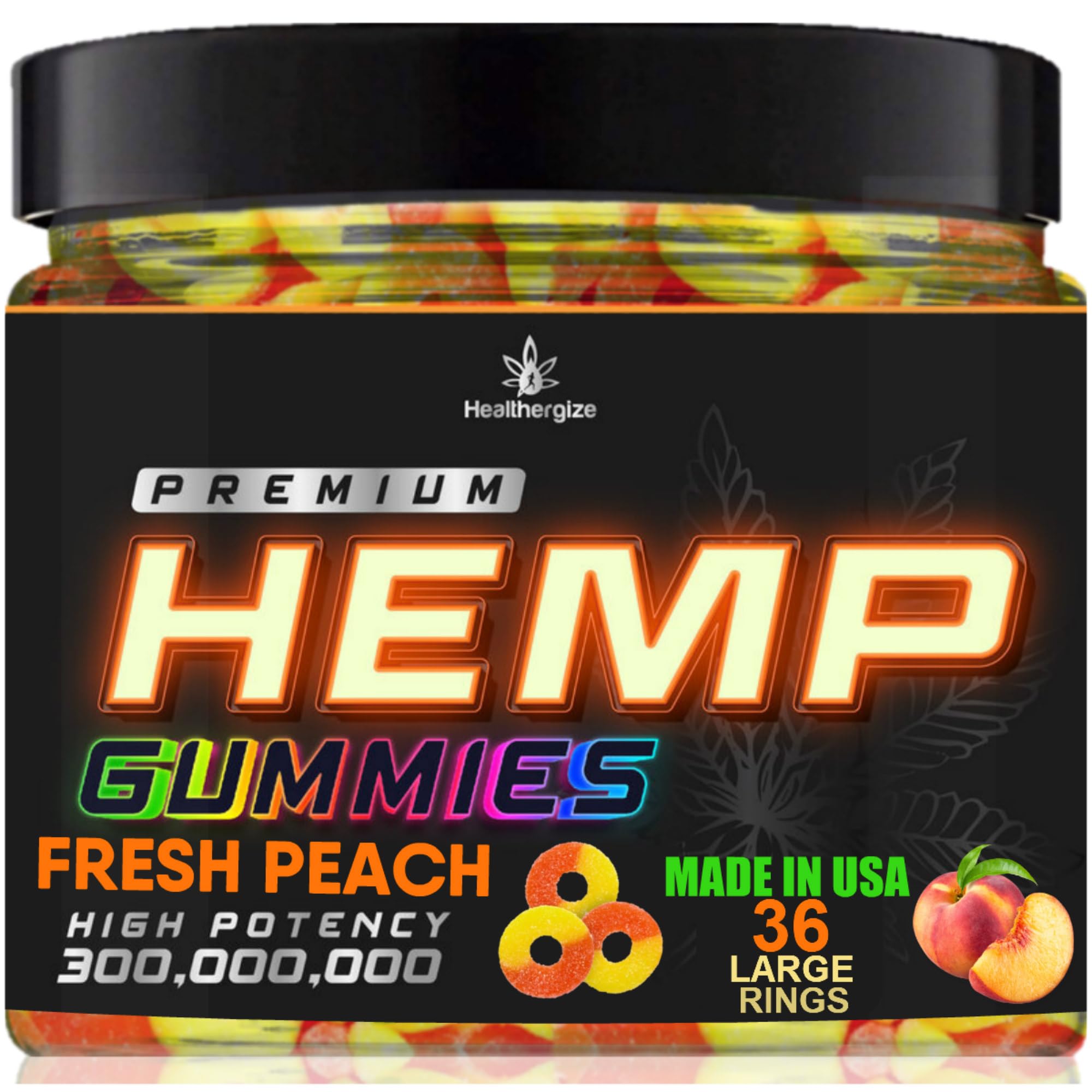 Healthergize hemp gummies peach ring bottle shows soft texture for daily relaxation and peaceful mood.