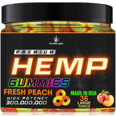 Healthergize hemp gummies peach ring bottle shows soft texture for daily relaxation and peaceful mood.