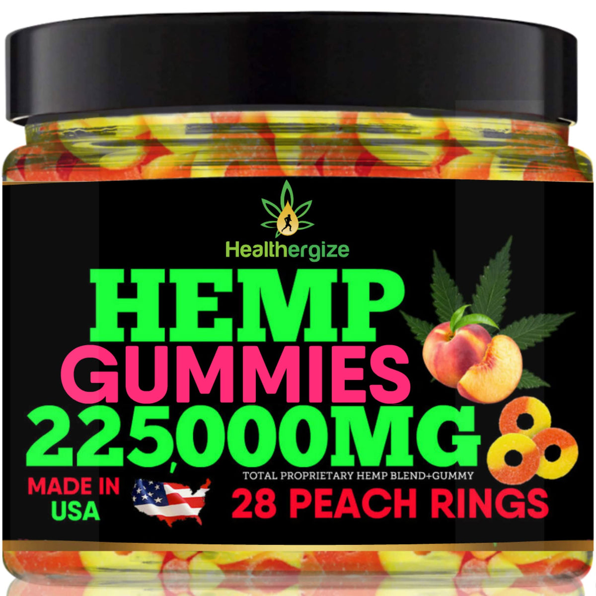 Healthergize hemp gummies peach rings show chewy flavor for daily enjoyment.