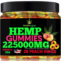 Healthergize hemp gummies peach rings show chewy flavor for daily enjoyment.