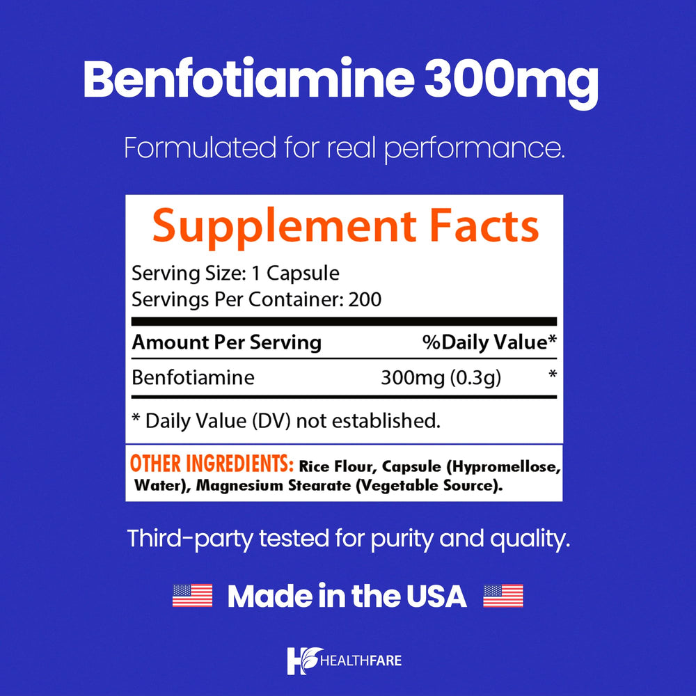 Healthfare Benfotiamine 300mg bottle front showing trusted formula