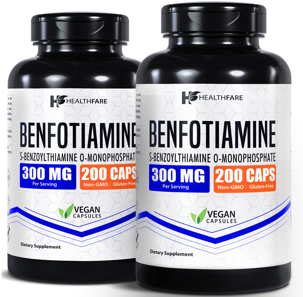 Healthfare Benfotiamine 300mg bottle label for daily energy support