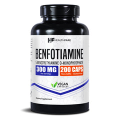 Healthfare Benfotiamine 300mg bottle with capsules promoting daily wellness.