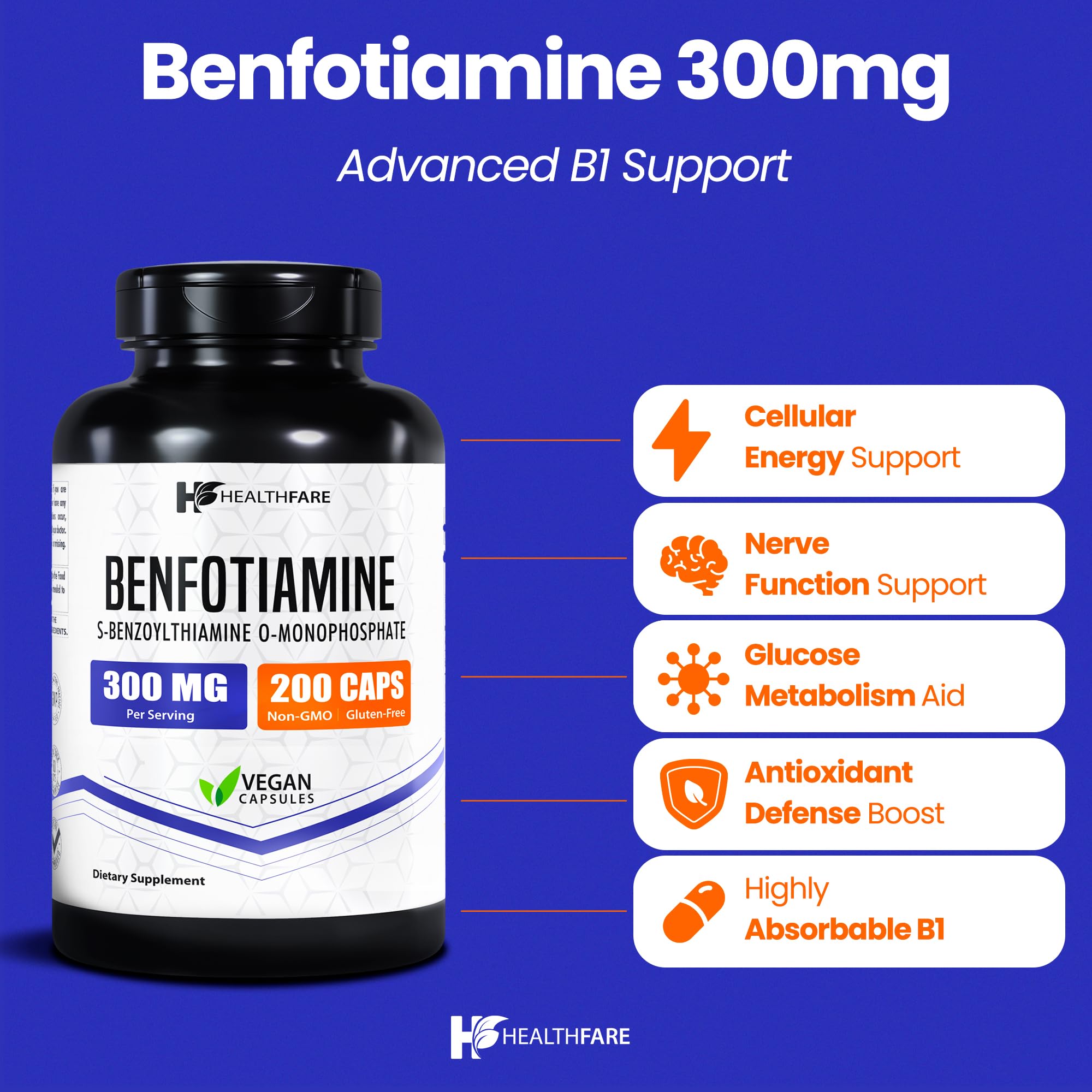 Healthfare Benfotiamine 300mg capsules closeup highlighting absorption