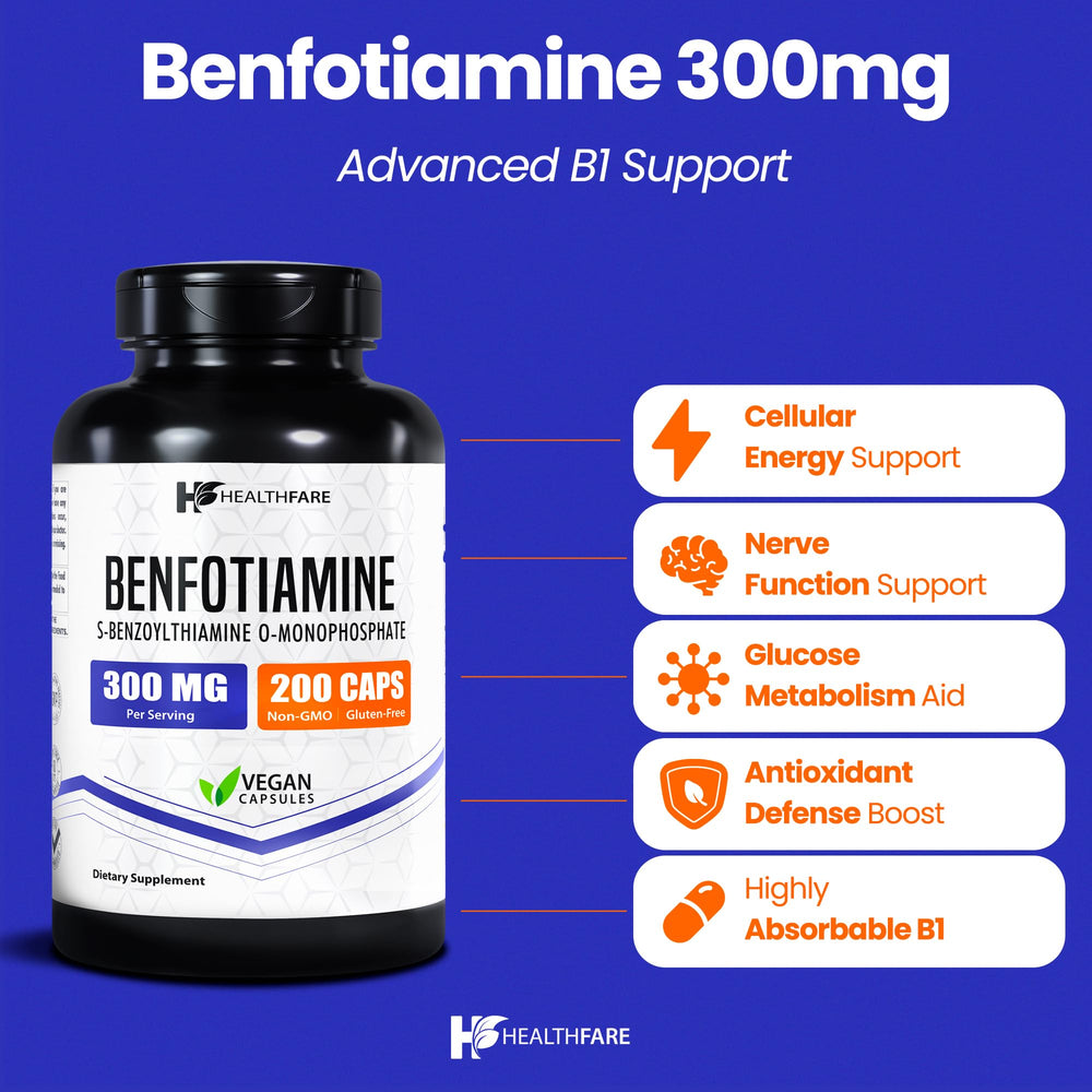Healthfare Benfotiamine capsules close-up highlighting vegan, easily swallowed capsules.