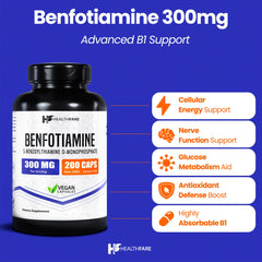 Healthfare Benfotiamine capsules close-up highlighting vegan, easily swallowed capsules.