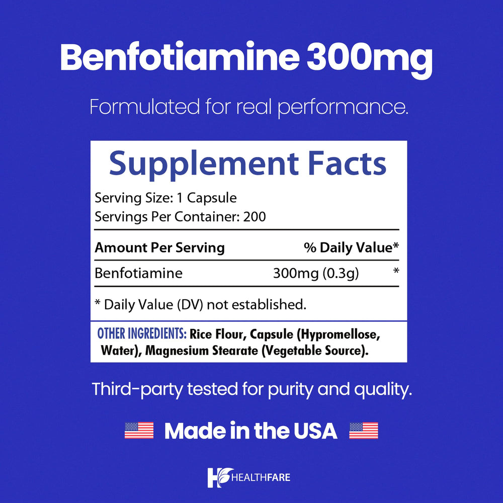 Healthfare Benfotiamine label front showing vegan, non-GMO formulation.