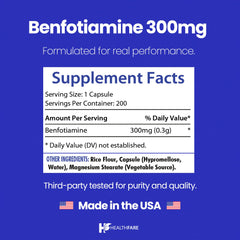 Healthfare Benfotiamine label front showing vegan, non-GMO formulation.
