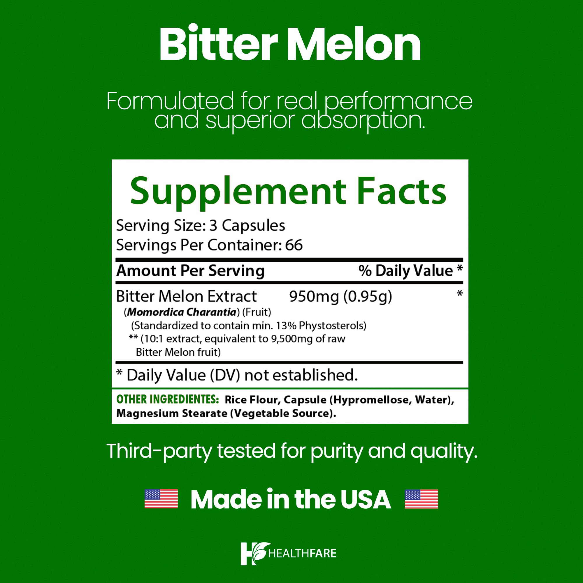 Healthfare Bitter Melon Extract packaging box shows non-GMO and gluten-free features