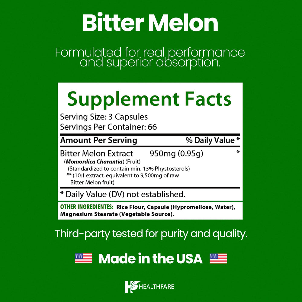 Healthfare Bitter Melon Extract packaging box shows non-GMO and gluten-free features