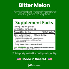 Healthfare Bitter Melon Extract packaging box shows non-GMO and gluten-free features