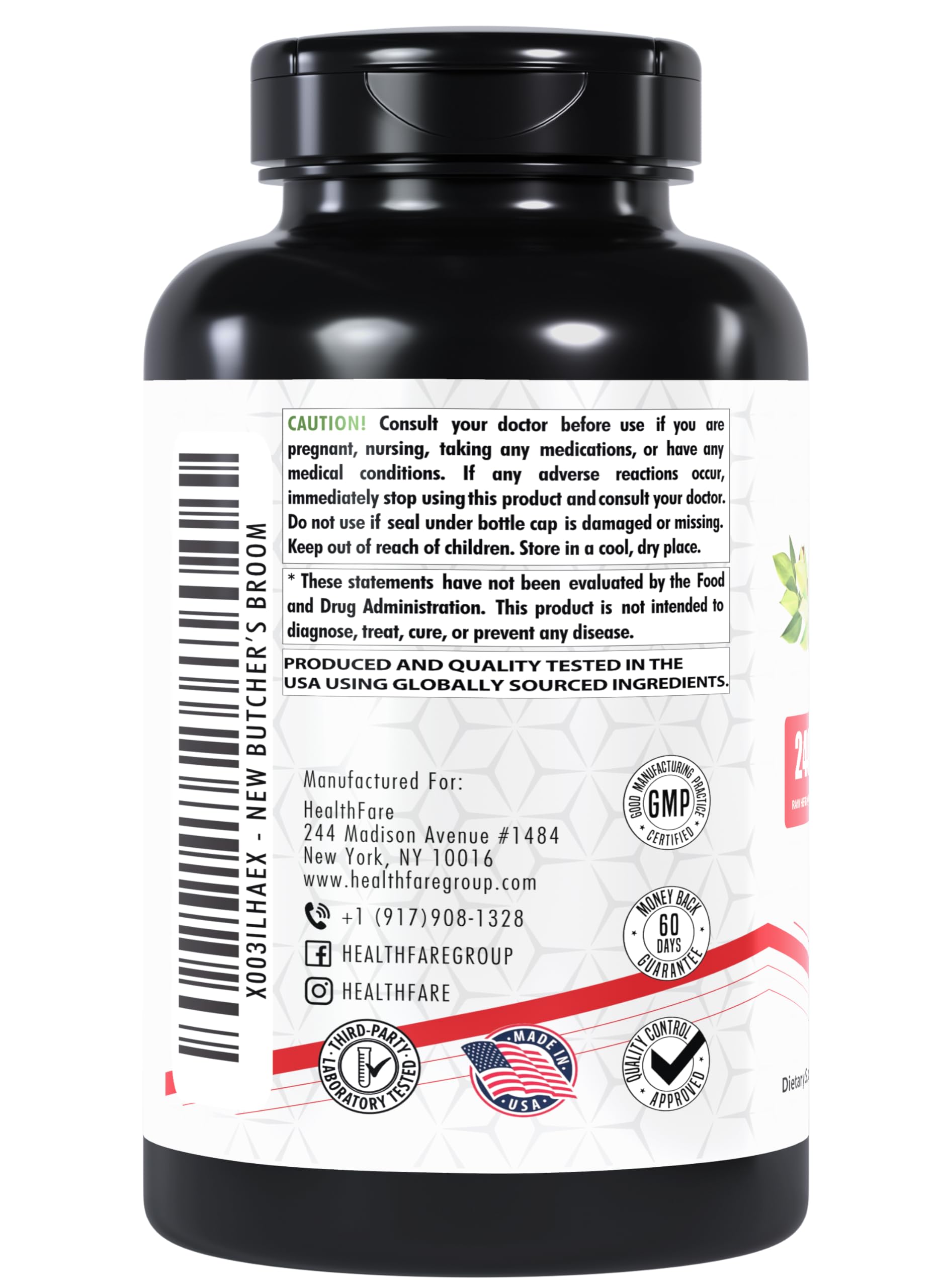 Healthfare bottle close-up label shows gluten-free and non-GMO assurance.