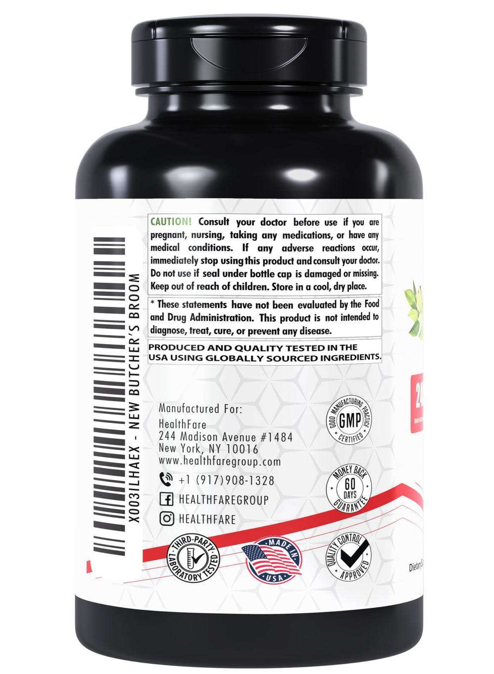 Healthfare bottle close-up label shows gluten-free and non-GMO assurance.