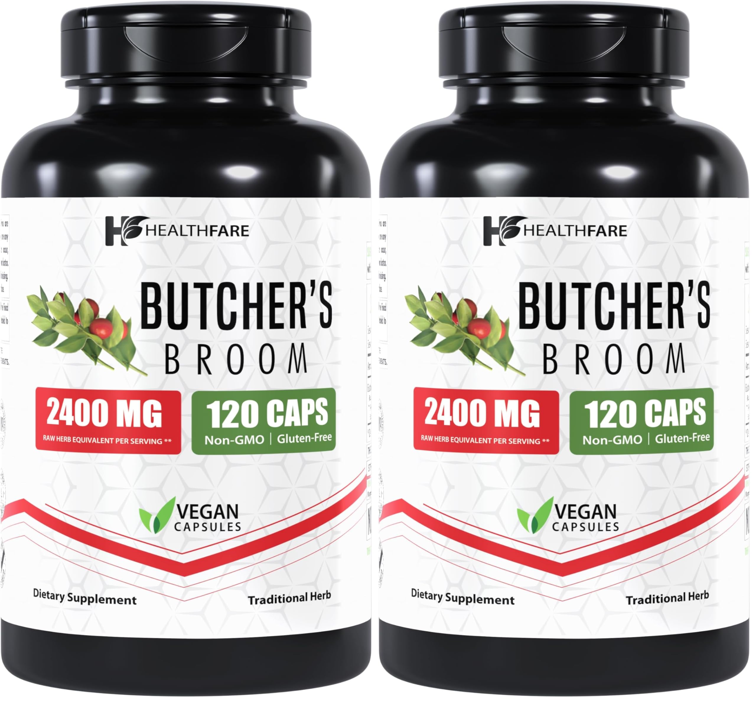Healthfare Butcher's Broom capsules bottle front view for daily leg support.
