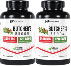 Healthfare Butcher's Broom capsules bottle front view for daily leg support.