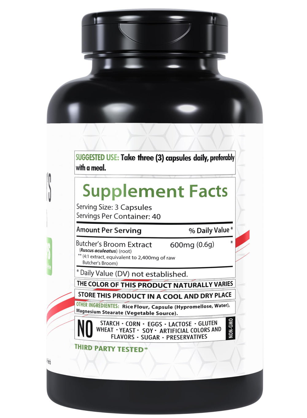 Healthfare Butcher's Broom capsules packaging highlights 2400mg potency per capsule.