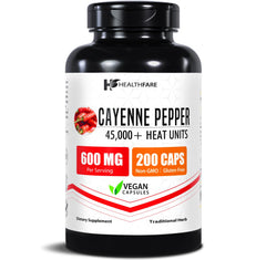 HealthFare Cayenne Capsules bottle front showing vegan, non-GMO formula for daily wellness.