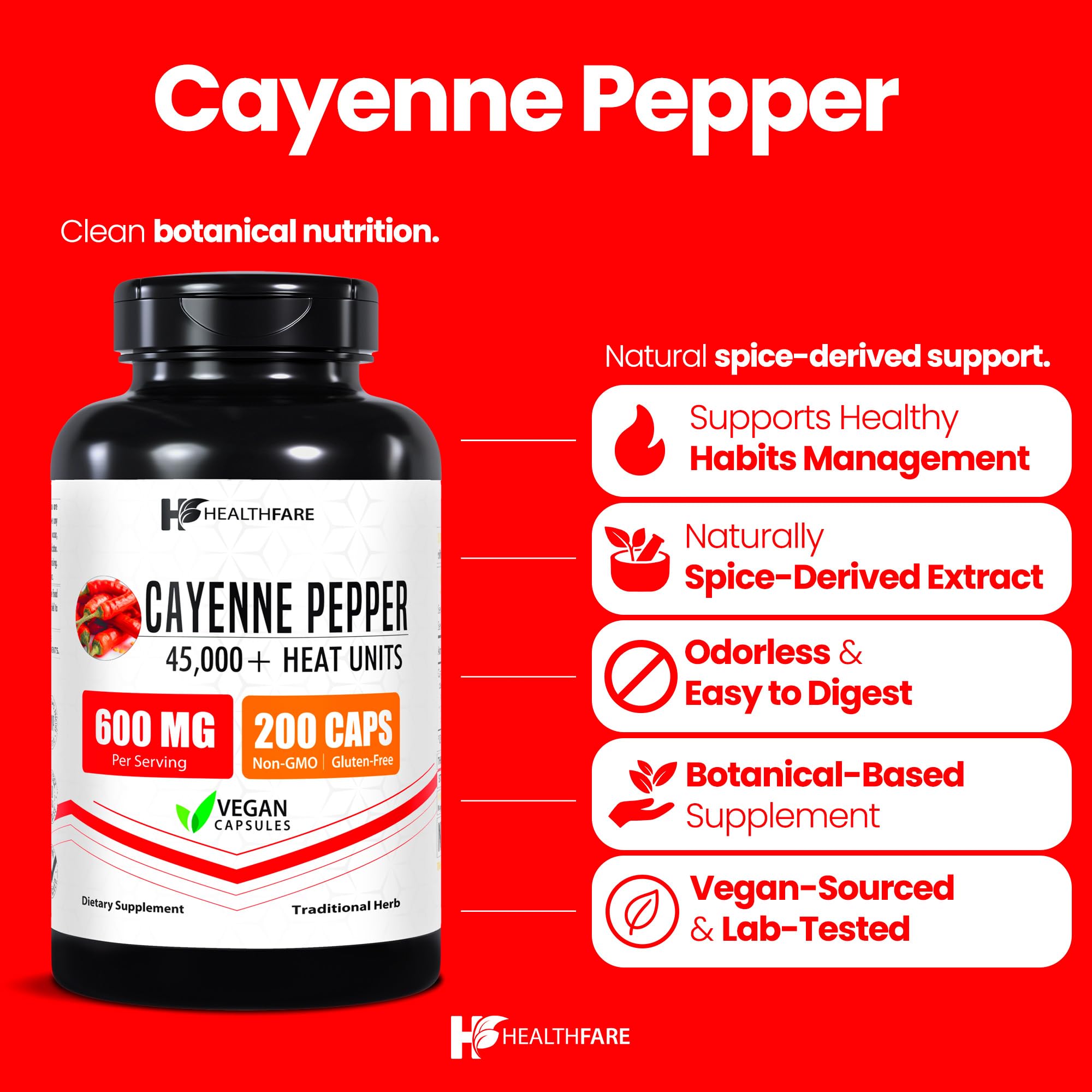 HealthFare Cayenne bottle label displays 60 mg extract and 45,000 HU potency.
