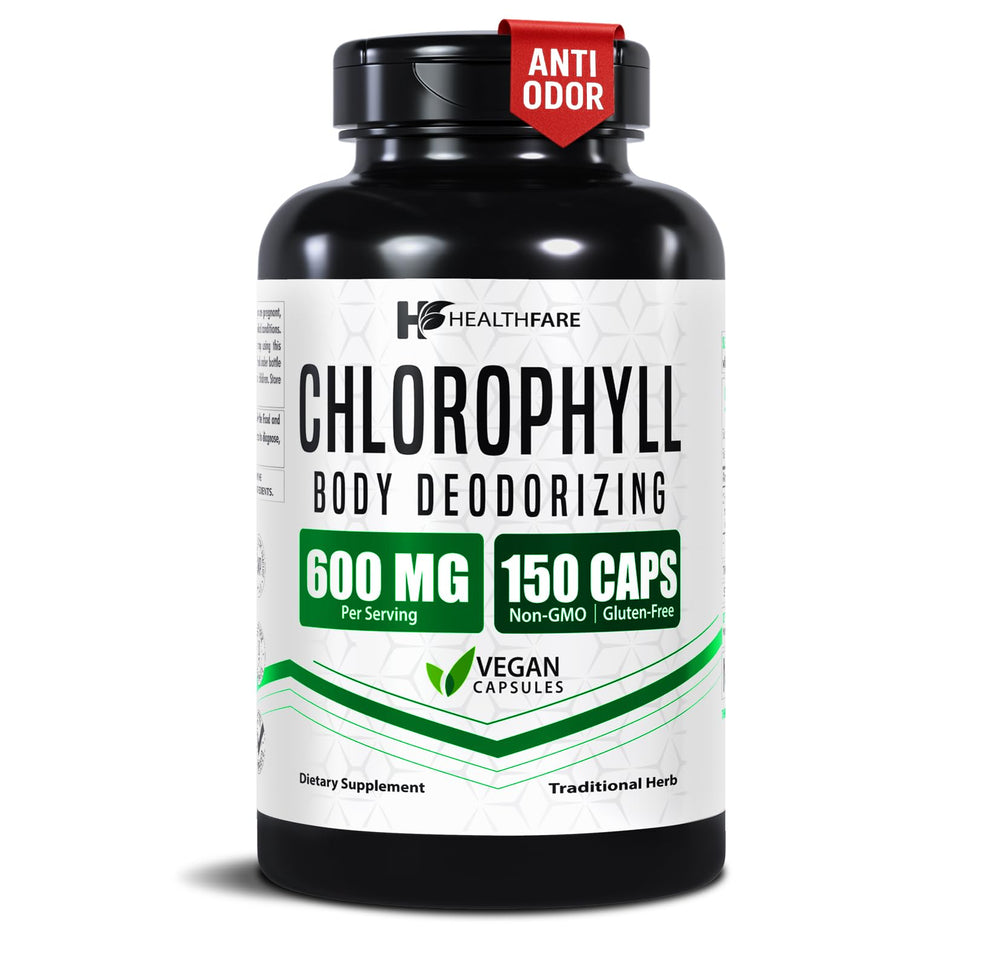 Healthfare Chlorophyll Capsules bottle close-up highlighting daily freshness support.