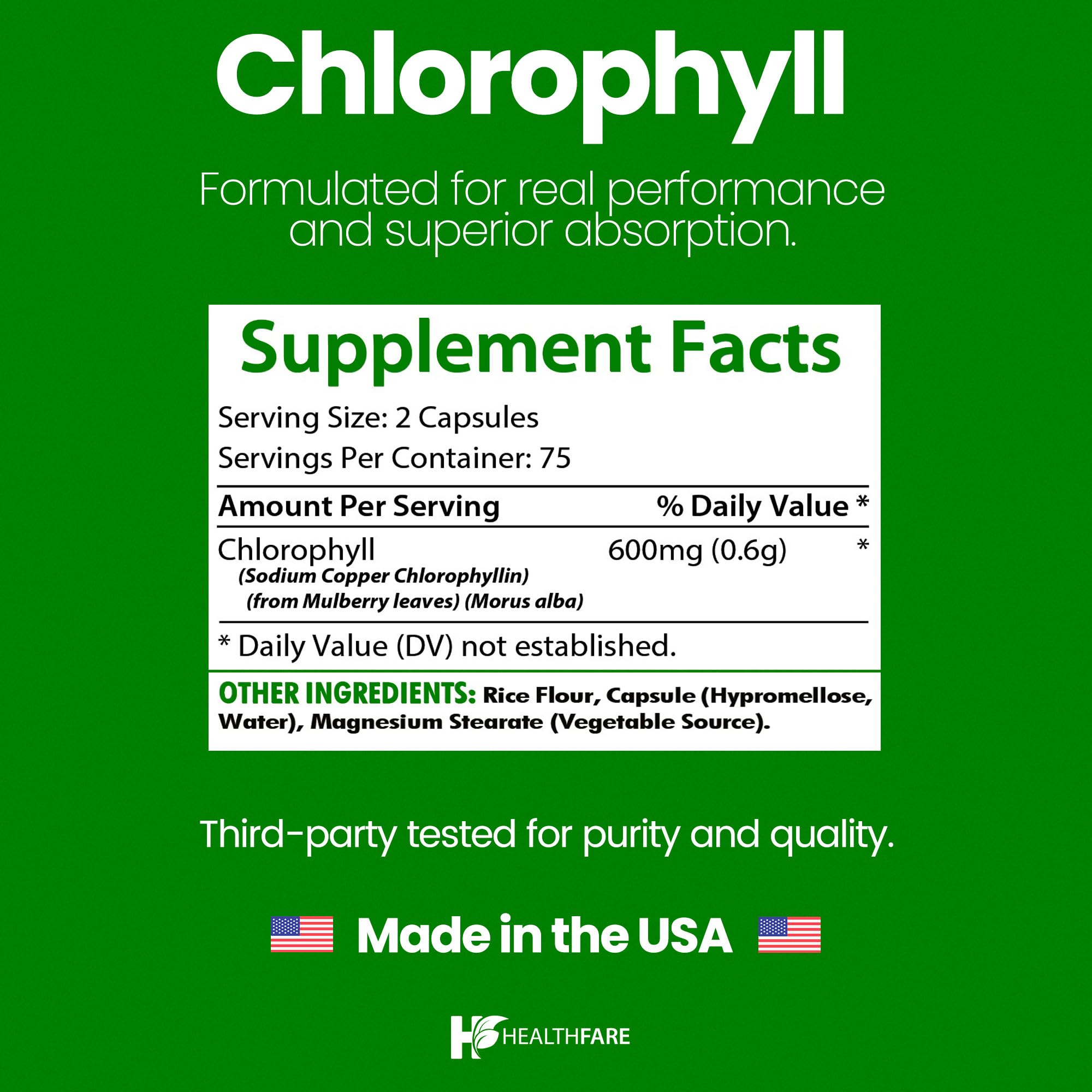 Healthfare Chlorophyll Capsules with a glass for a simple morning routine.
