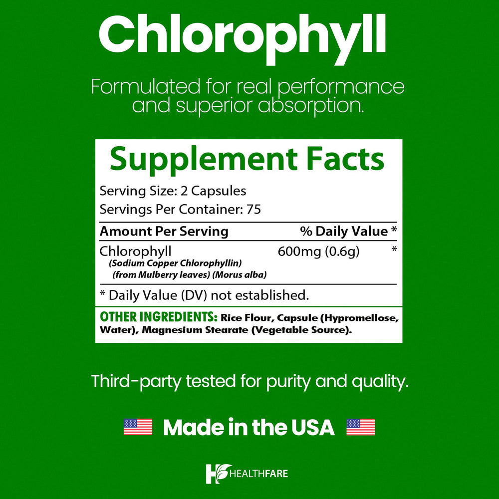 Healthfare Chlorophyll Capsules with a glass for a simple morning routine.